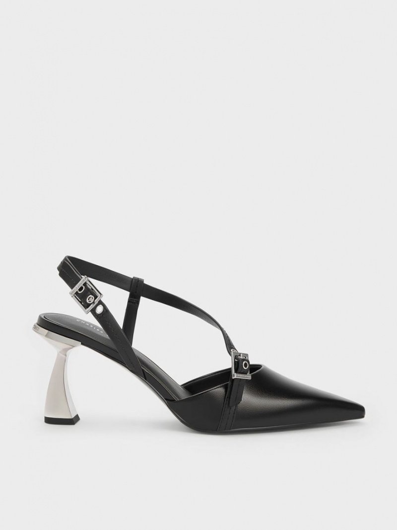 Charles & Keith Asymmetric Curved Heel Slingback Pumps Schwarz | 632SVACJI