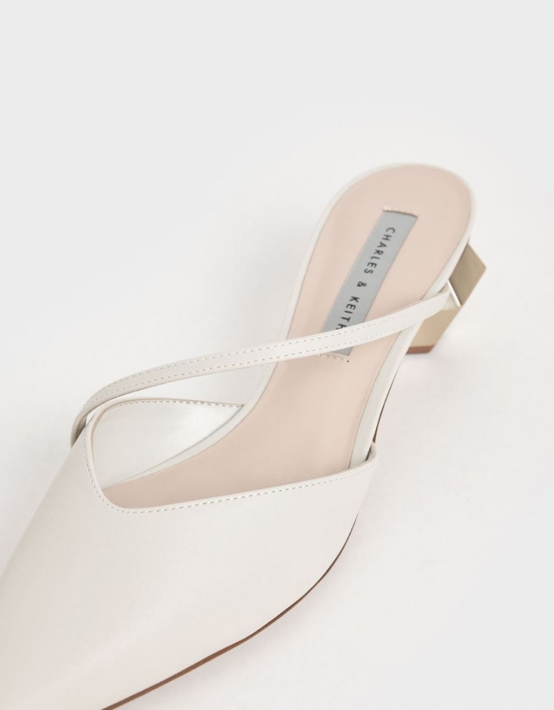 Charles & Keith Asymmetric Riemen Chrome Heel Mules Weiß | 956FXRHAN