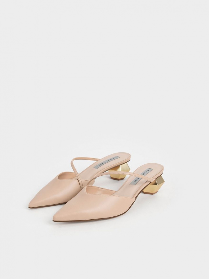 Charles & Keith Asymmetric Riemen Chrome Heel Mules Hellrosa | 952HDQOTS