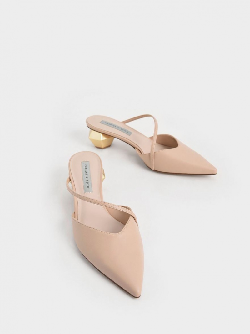 Charles & Keith Asymmetric Riemen Chrome Heel Mules Hellrosa | 952HDQOTS