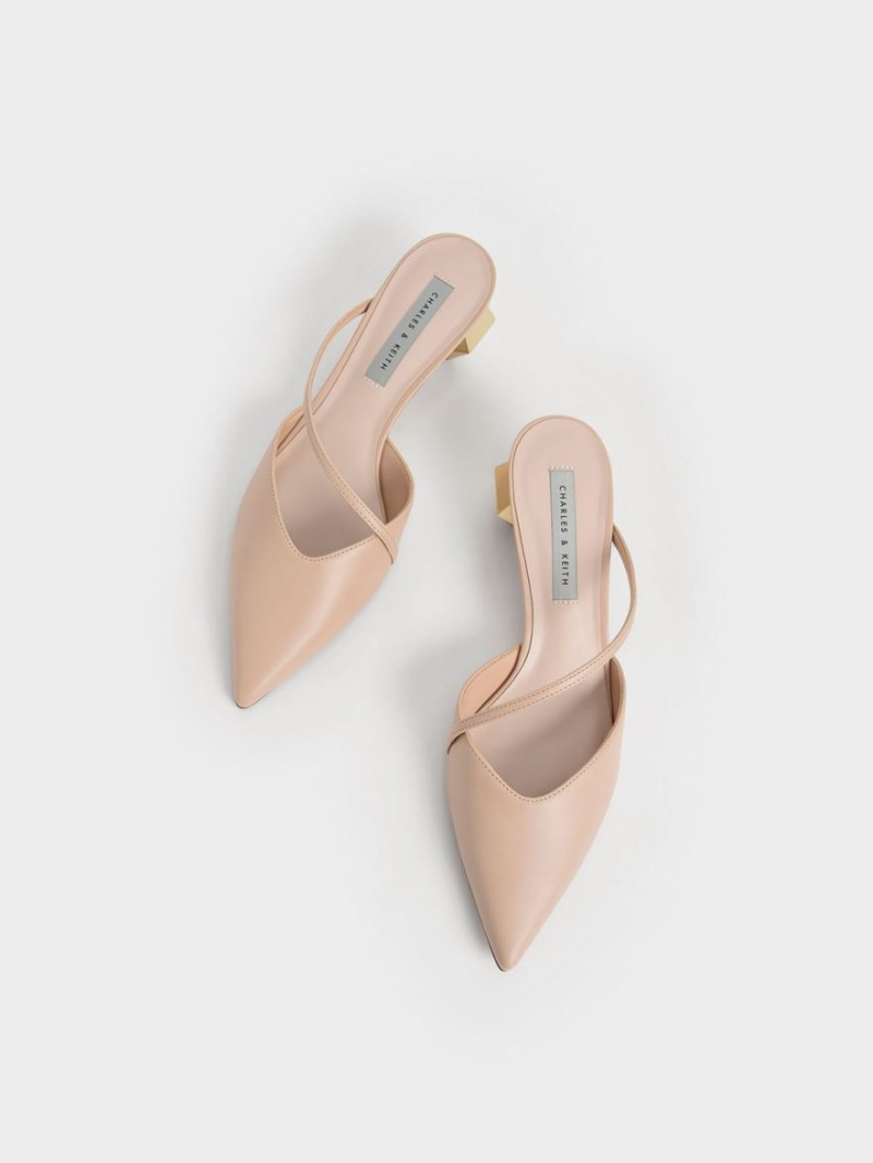 Charles & Keith Asymmetric Riemen Chrome Heel Mules Hellrosa | 952HDQOTS