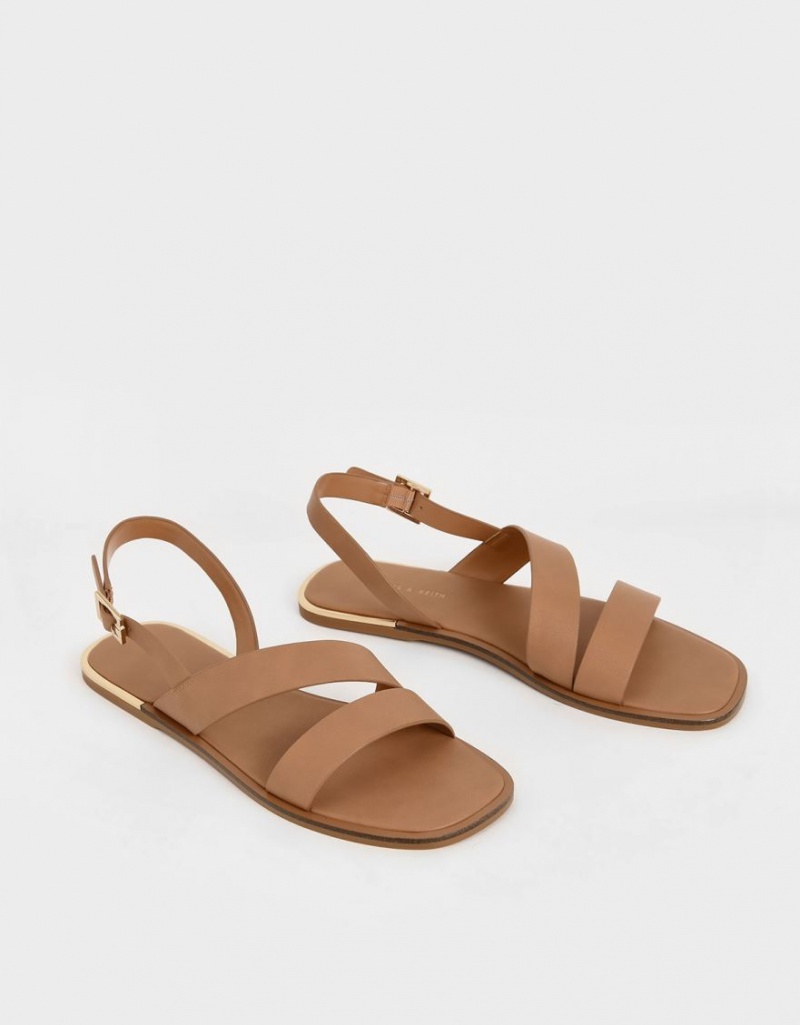 Charles & Keith Asymmetric Riemen Slingback Sandalen Flach Braun | 953NROVZG