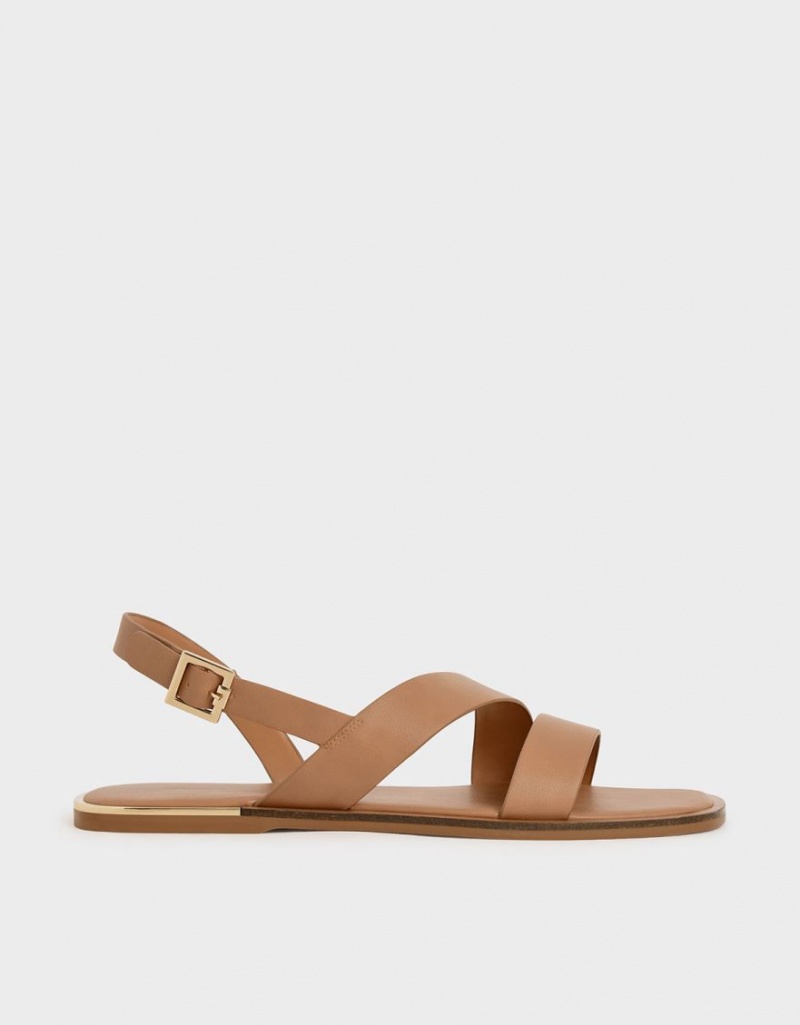 Charles & Keith Asymmetric Riemen Slingback Sandalen Flach Braun | 953NROVZG