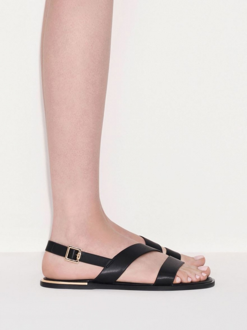 Charles & Keith Asymmetric Riemen Slingback Sandalen Flach Schwarz | 348WBHXPK