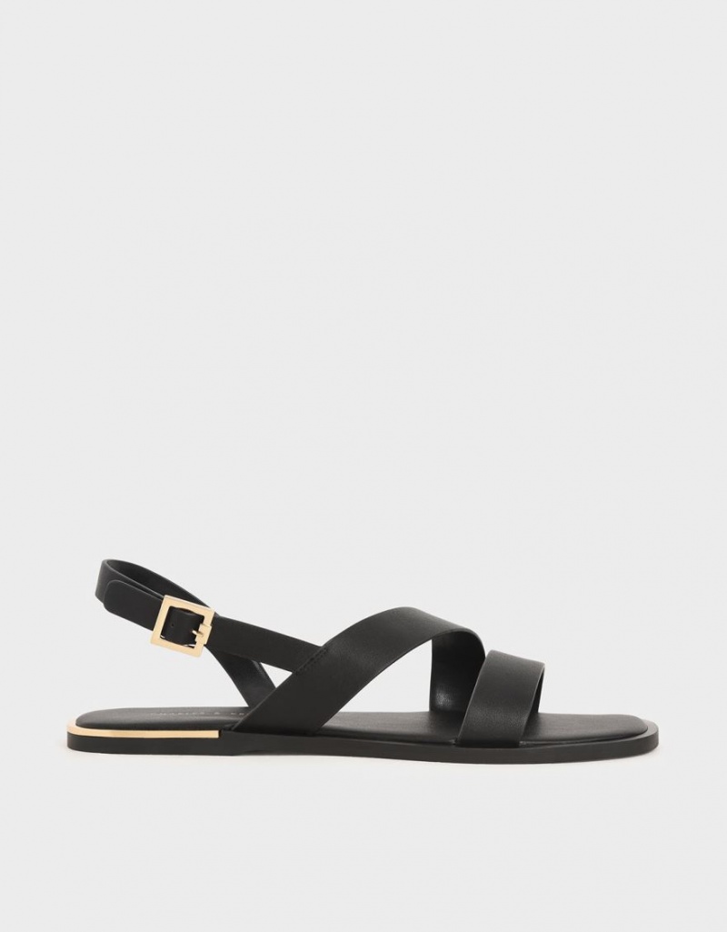 Charles & Keith Asymmetric Riemen Slingback Sandalen Flach Schwarz | 348WBHXPK