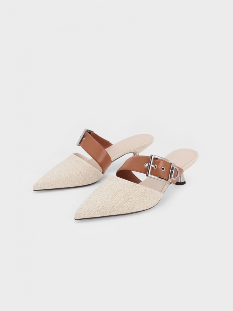 Charles & Keith Asymmetric Schnallen Linen Absatz Mules Beige | 364KYRQXU