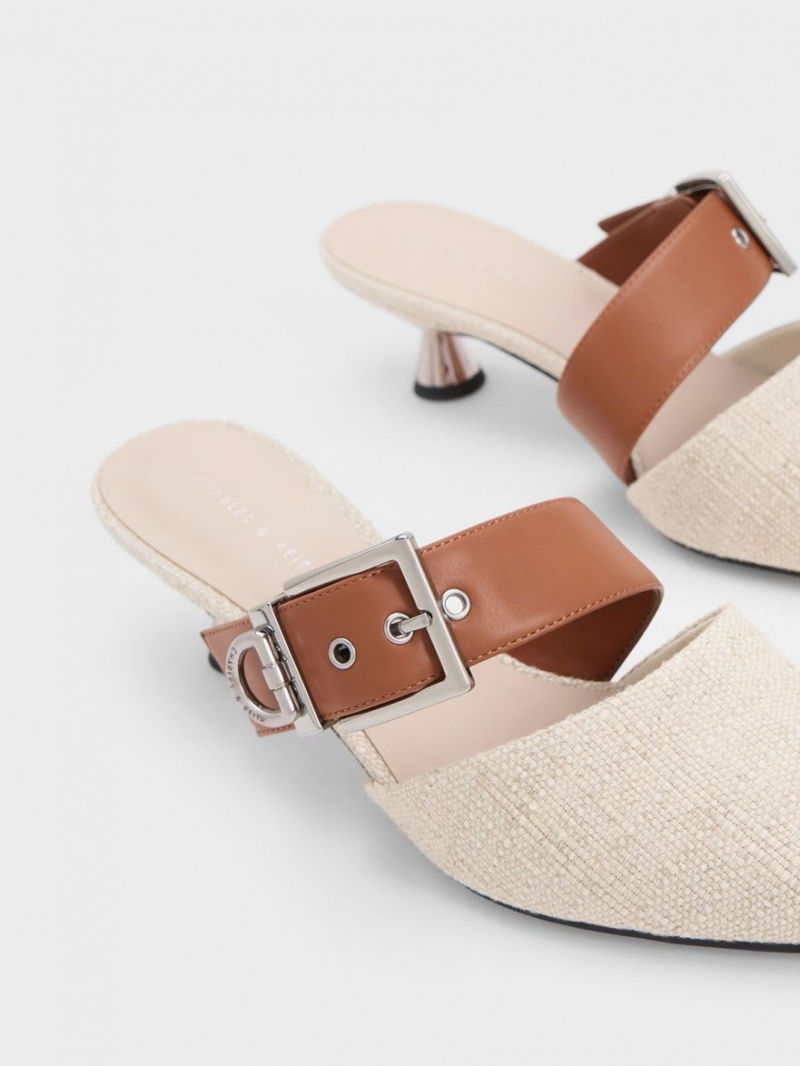 Charles & Keith Asymmetric Schnallen Linen Absatz Mules Beige | 364KYRQXU