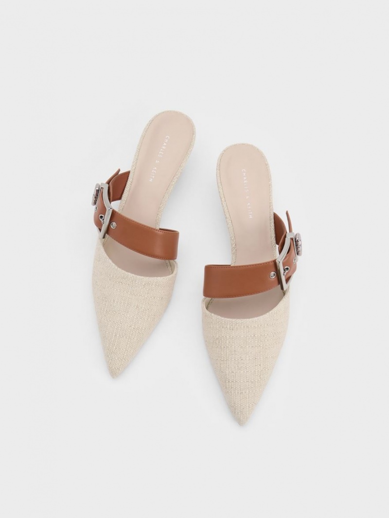 Charles & Keith Asymmetric Schnallen Linen Absatz Mules Beige | 364KYRQXU