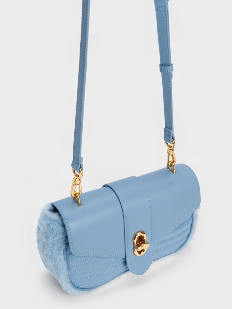 Charles & Keith Aubrielle Fur-Trim Panelled Crossbody Taschen Hellblau | 457HJIDRO