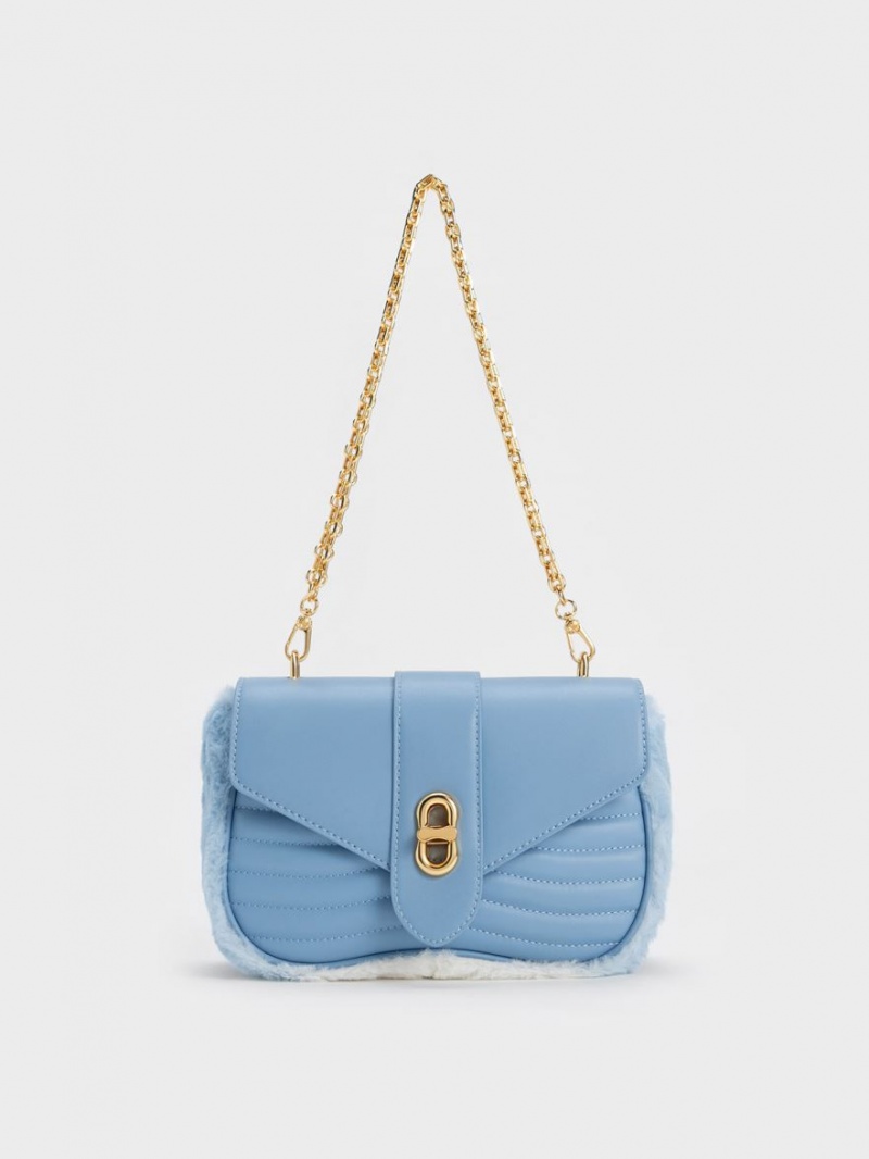 Charles & Keith Aubrielle Fur-Trim Panelled Crossbody Taschen Hellblau | 457HJIDRO