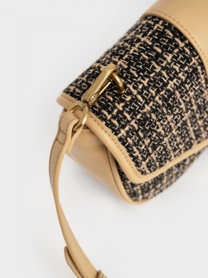 Charles & Keith Aubrielle Tweed Panelled Crossbody Taschen Schwarz Beige | 096ZCXIJQ