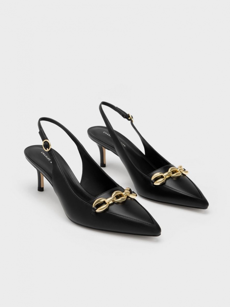 Charles & Keith Avani Chunky Chain-Embellished Slingback Pumps Schwarz | 391SKGUPD