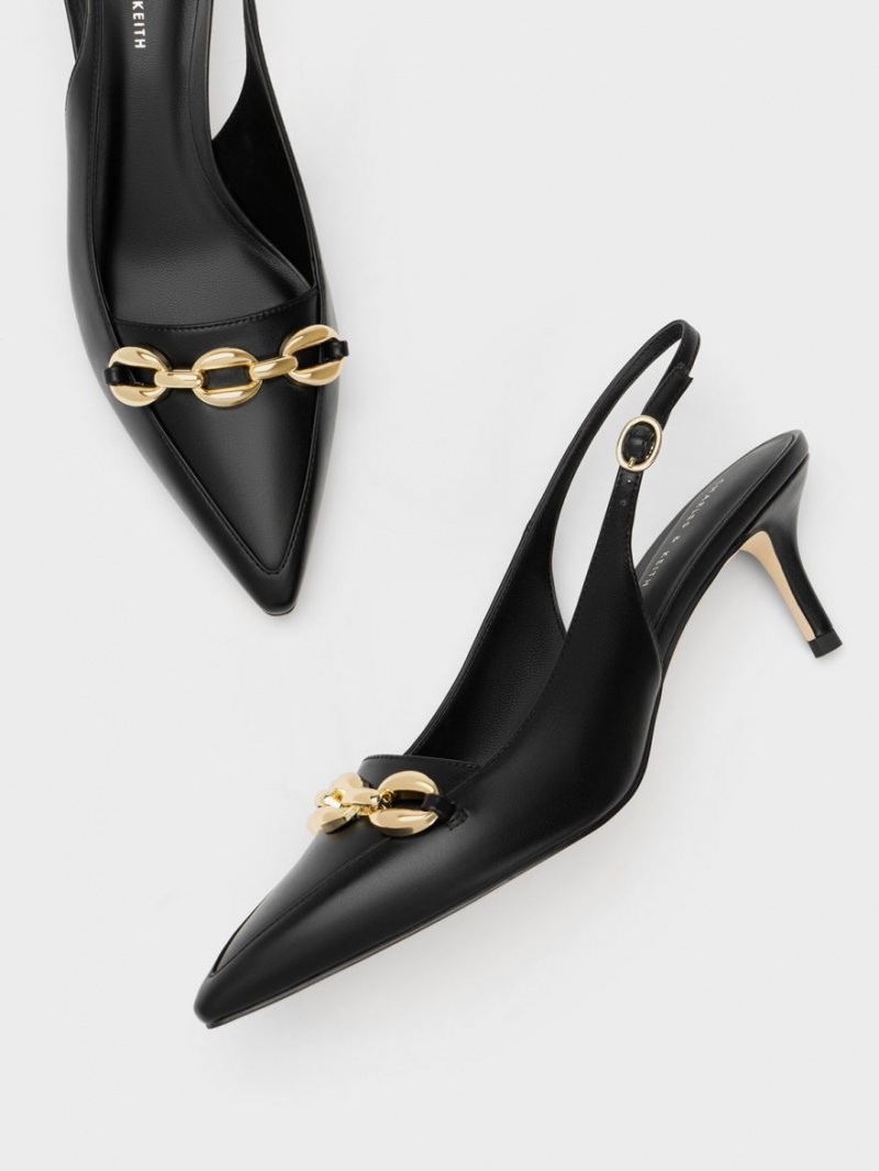 Charles & Keith Avani Chunky Chain-Embellished Slingback Pumps Schwarz | 391SKGUPD