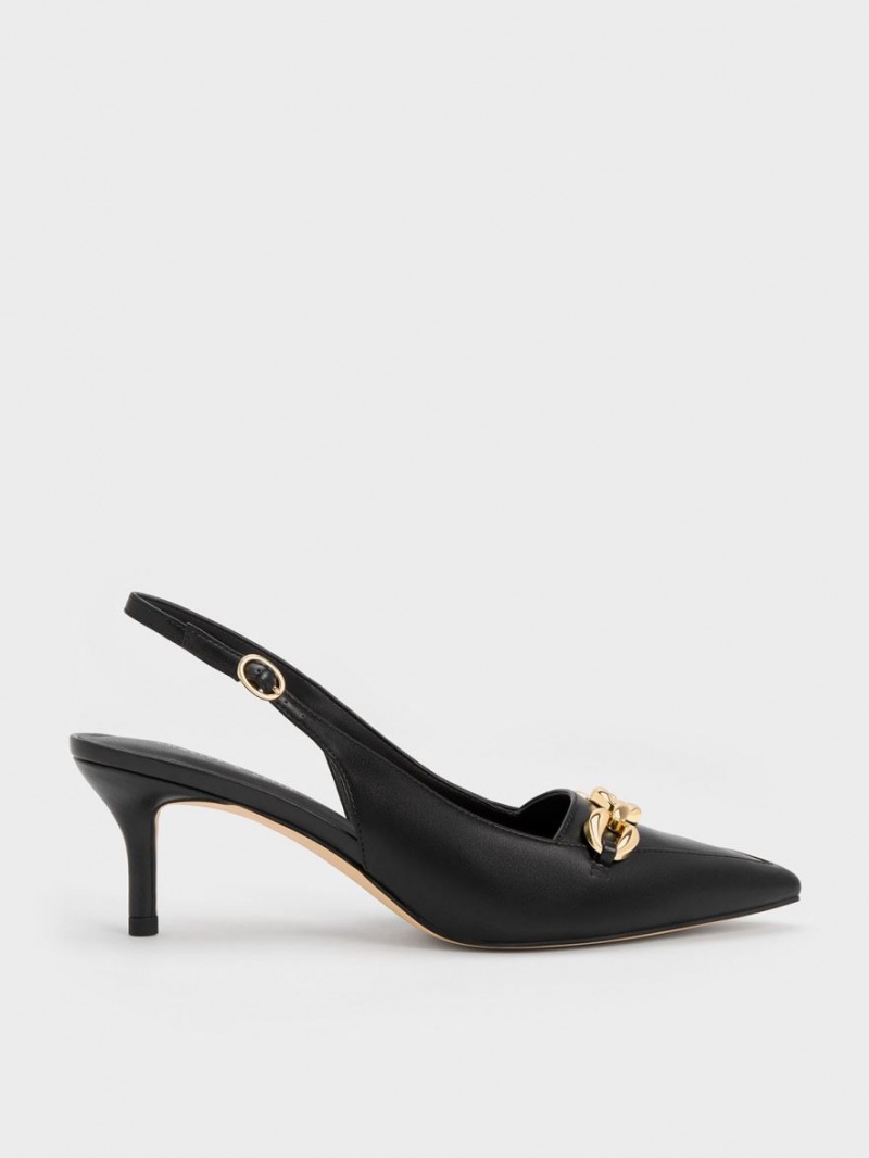 Charles & Keith Avani Chunky Chain-Embellished Slingback Pumps Schwarz | 391SKGUPD