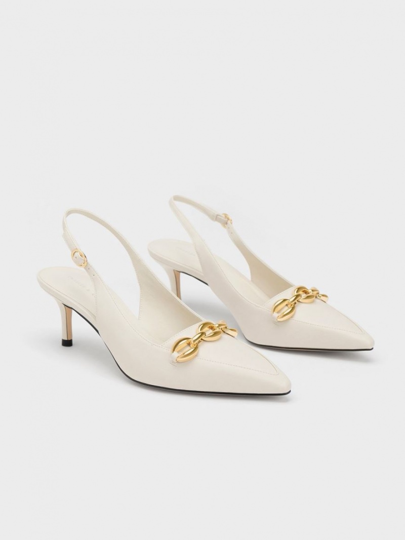 Charles & Keith Avani Chunky Chain-Embellished Slingback Pumps Weiß | 789KOTXVJ