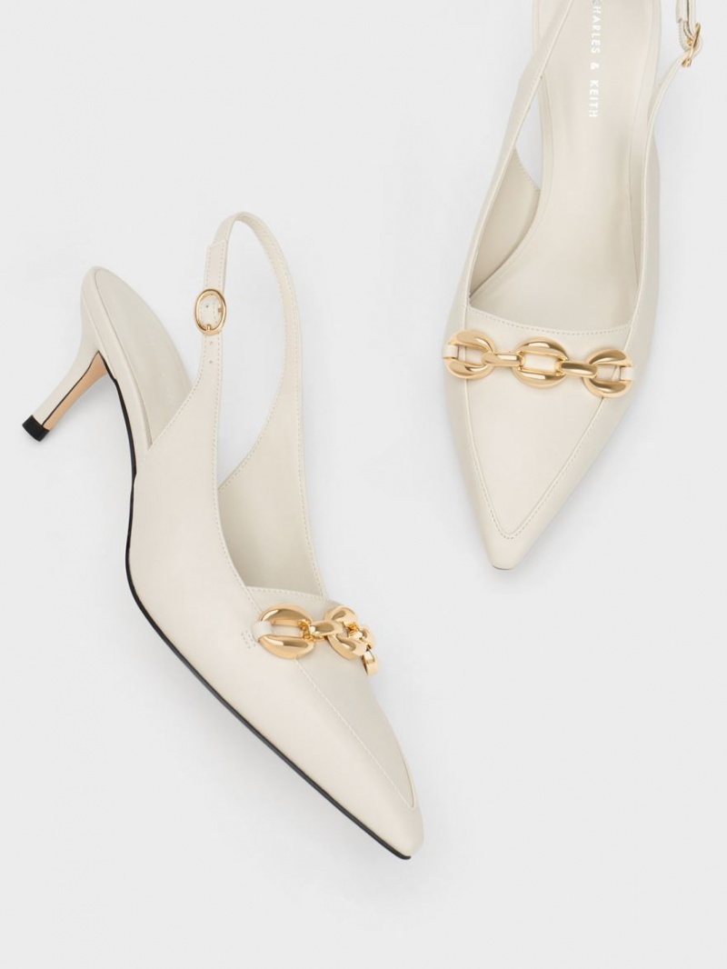 Charles & Keith Avani Chunky Chain-Embellished Slingback Pumps Weiß | 789KOTXVJ