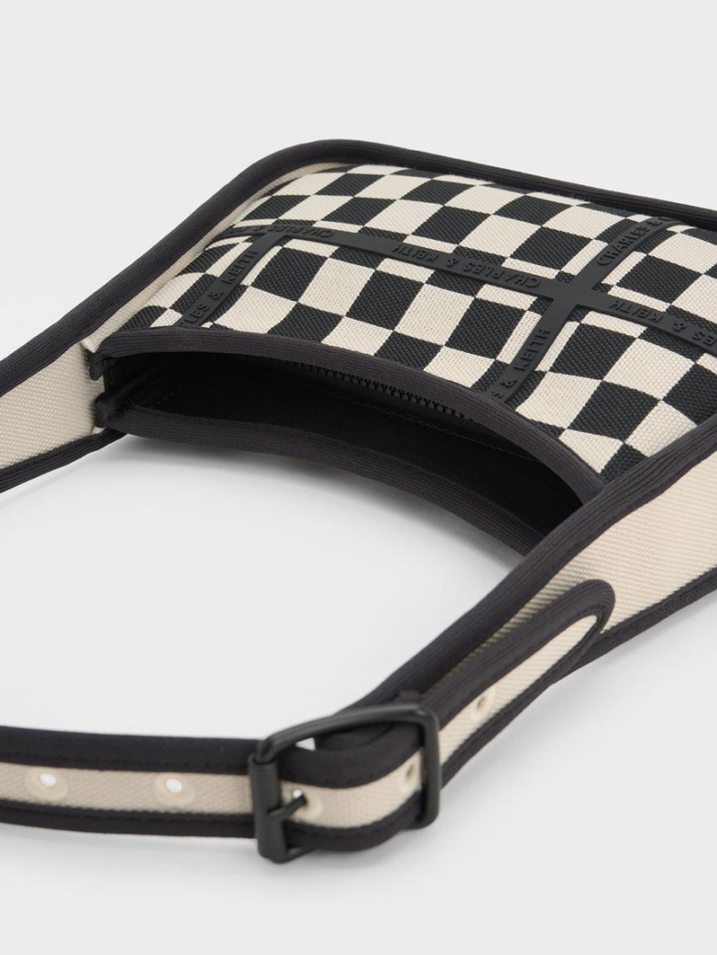 Charles & Keith Avenue Checkered Trapeze Schultertaschen Schwarz | 093PYFQLG