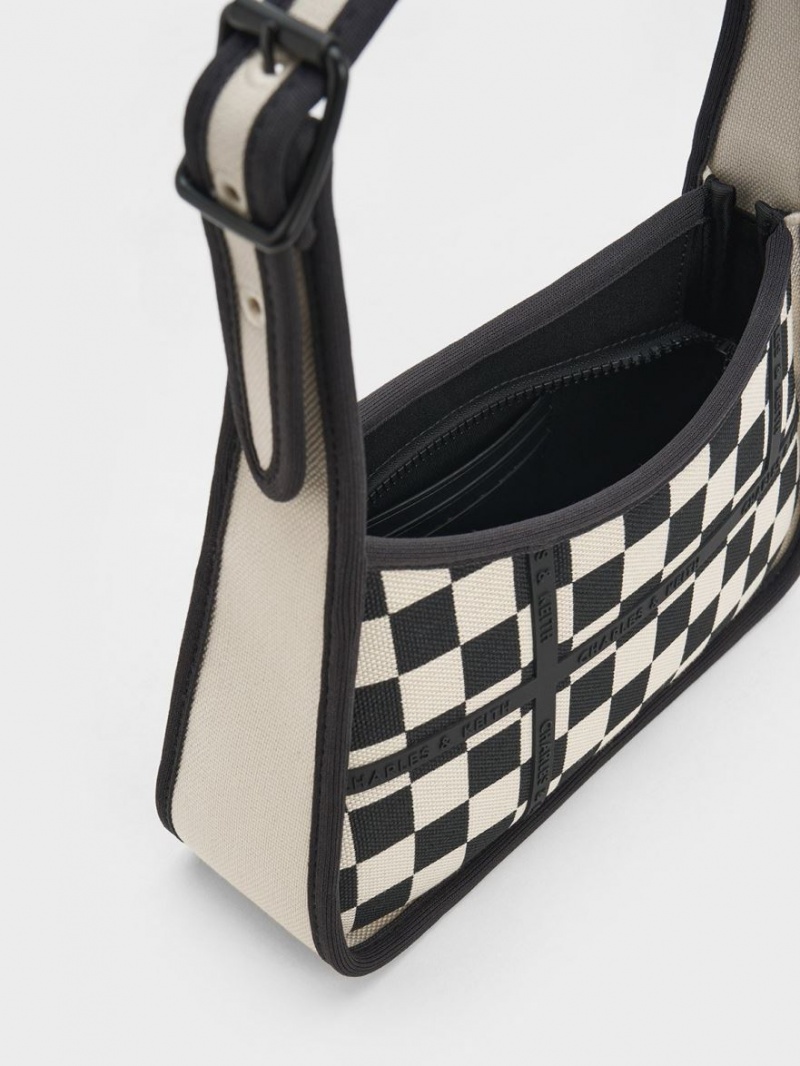 Charles & Keith Avenue Checkered Trapeze Schultertaschen Schwarz | 093PYFQLG