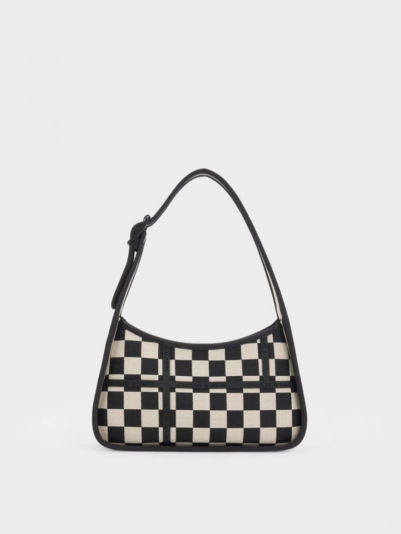 Charles & Keith Avenue Checkered Trapeze Schultertaschen Schwarz | 093PYFQLG