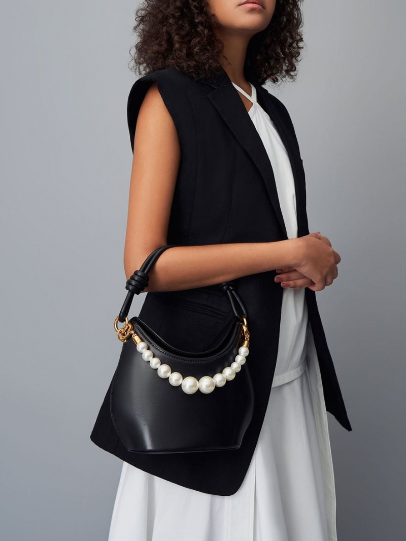 Charles & Keith Bead-Embellished Knotted Handtasche Schwarz | 830PUWRXS