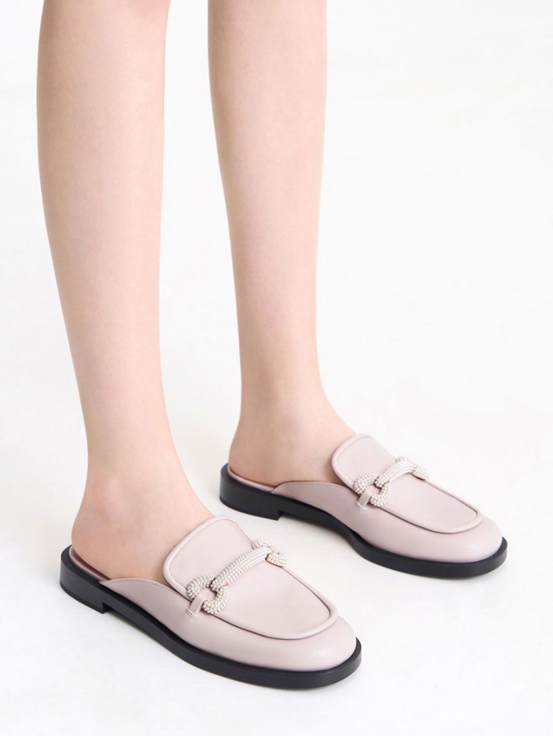 Charles & Keith Beaded Accent Loafer Mules Rosa | 368IOHDBA