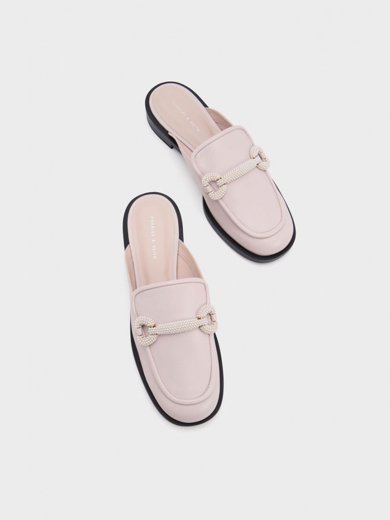 Charles & Keith Beaded Accent Loafer Mules Rosa | 368IOHDBA