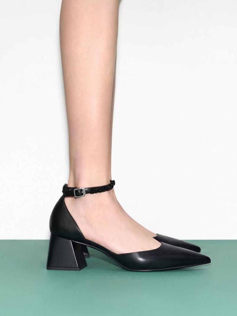 Charles & Keith Beaded Ankle-Riemen D'Orsay Pumps Schwarz | 197KWZJXG