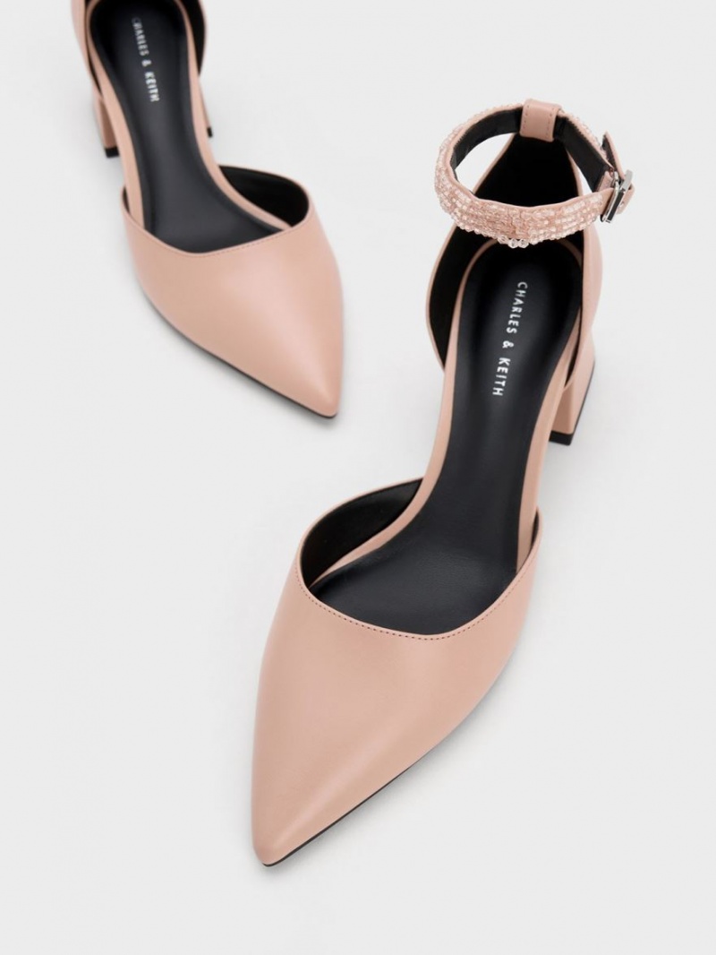 Charles & Keith Beaded Ankle-Riemen D'Orsay Pumps Beige | 654FMKLHQ