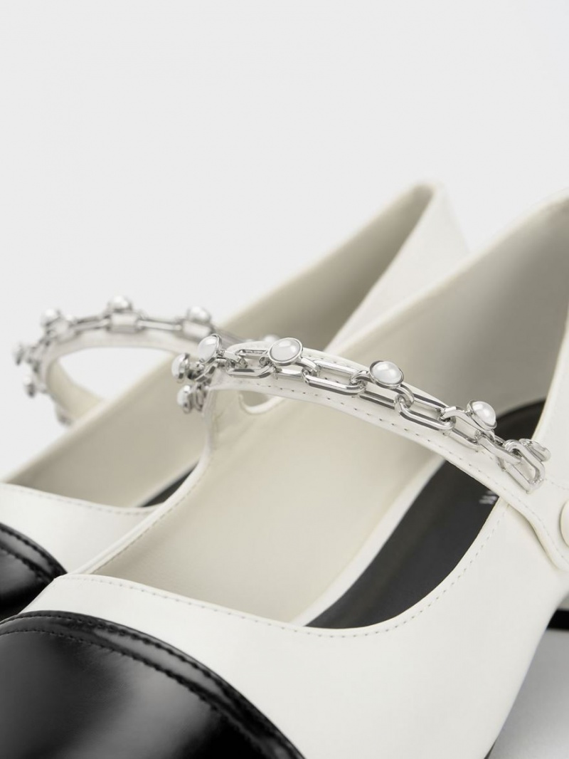 Charles & Keith Beaded Chain-Link Mary Jane Schuhe Weiß | 328CBEMFL