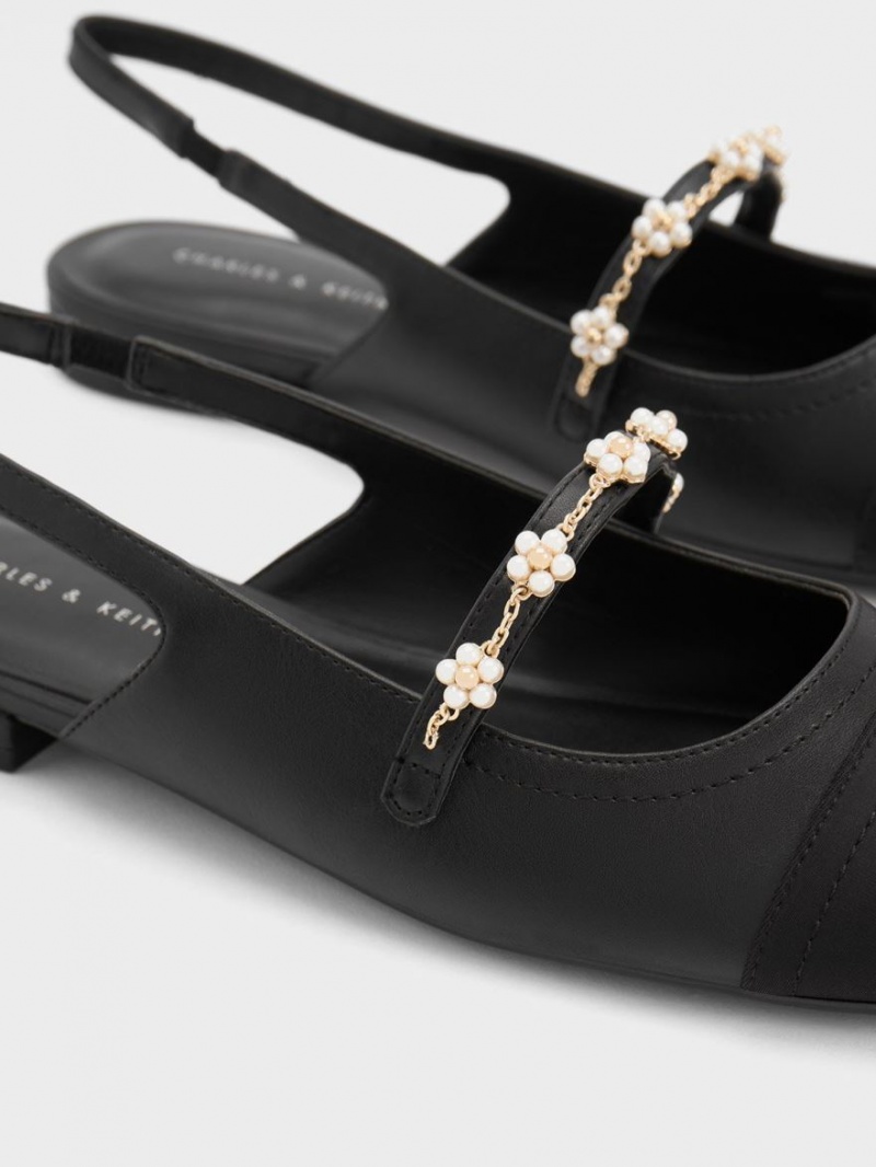 Charles & Keith Beaded Flower Slingback Flache Schuhe Schwarz | 427NERHLV