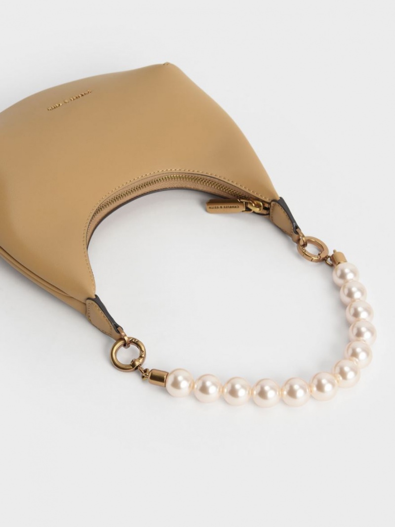 Charles & Keith Beaded Handle Hobo Tasche Beige | 713RBFXUH