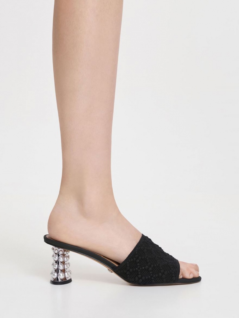 Charles & Keith Beaded Heel Crochet Mules Schwarz | 746QMRIPY