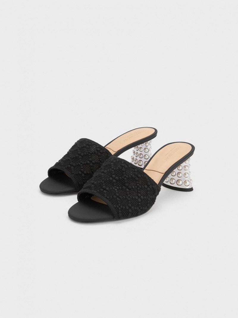 Charles & Keith Beaded Heel Crochet Mules Schwarz | 746QMRIPY