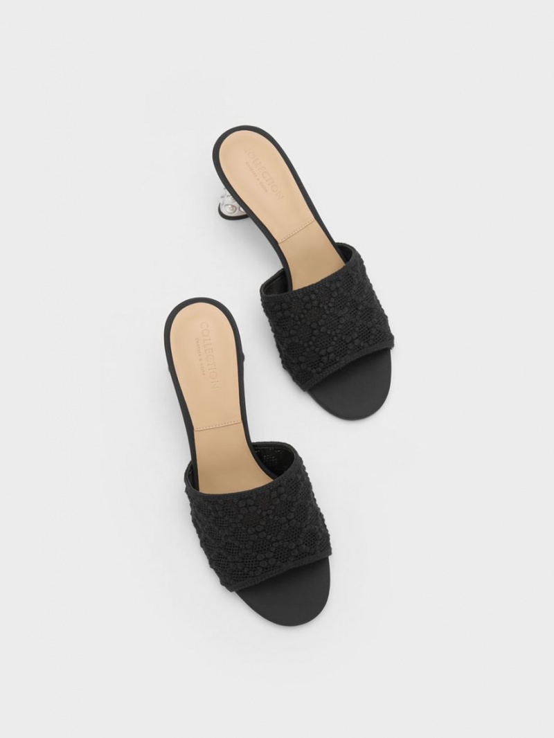 Charles & Keith Beaded Heel Crochet Mules Schwarz | 746QMRIPY