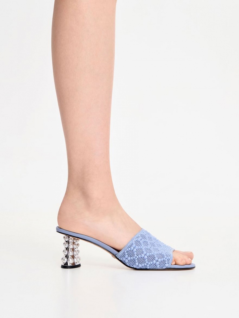 Charles & Keith Beaded Heel Crochet Mules Blau | 953WXDTSF