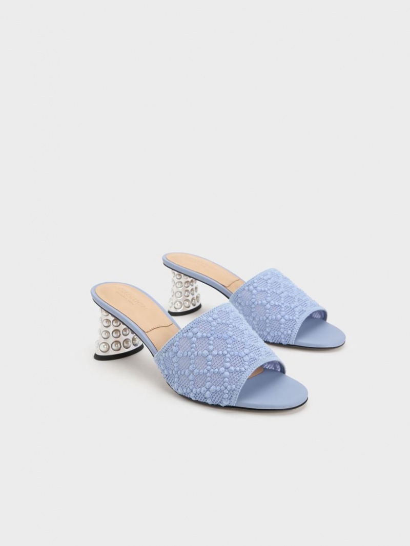 Charles & Keith Beaded Heel Crochet Mules Blau | 953WXDTSF