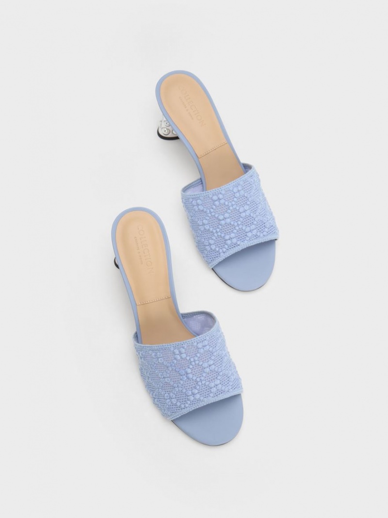 Charles & Keith Beaded Heel Crochet Mules Blau | 953WXDTSF