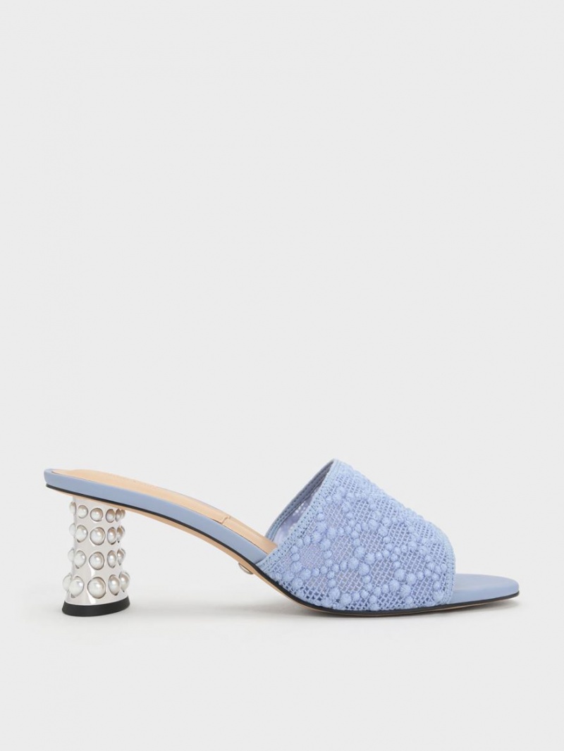 Charles & Keith Beaded Heel Crochet Mules Blau | 953WXDTSF