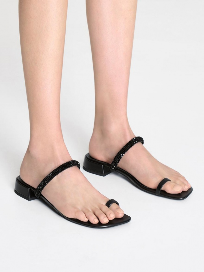 Charles & Keith Beaded Kappe-Ring Sandalen Flach Schwarz | 618NXBKSL