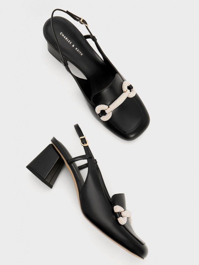 Charles & Keith Beaded Slingback Loafer Pumps Schwarz | 853VISANF