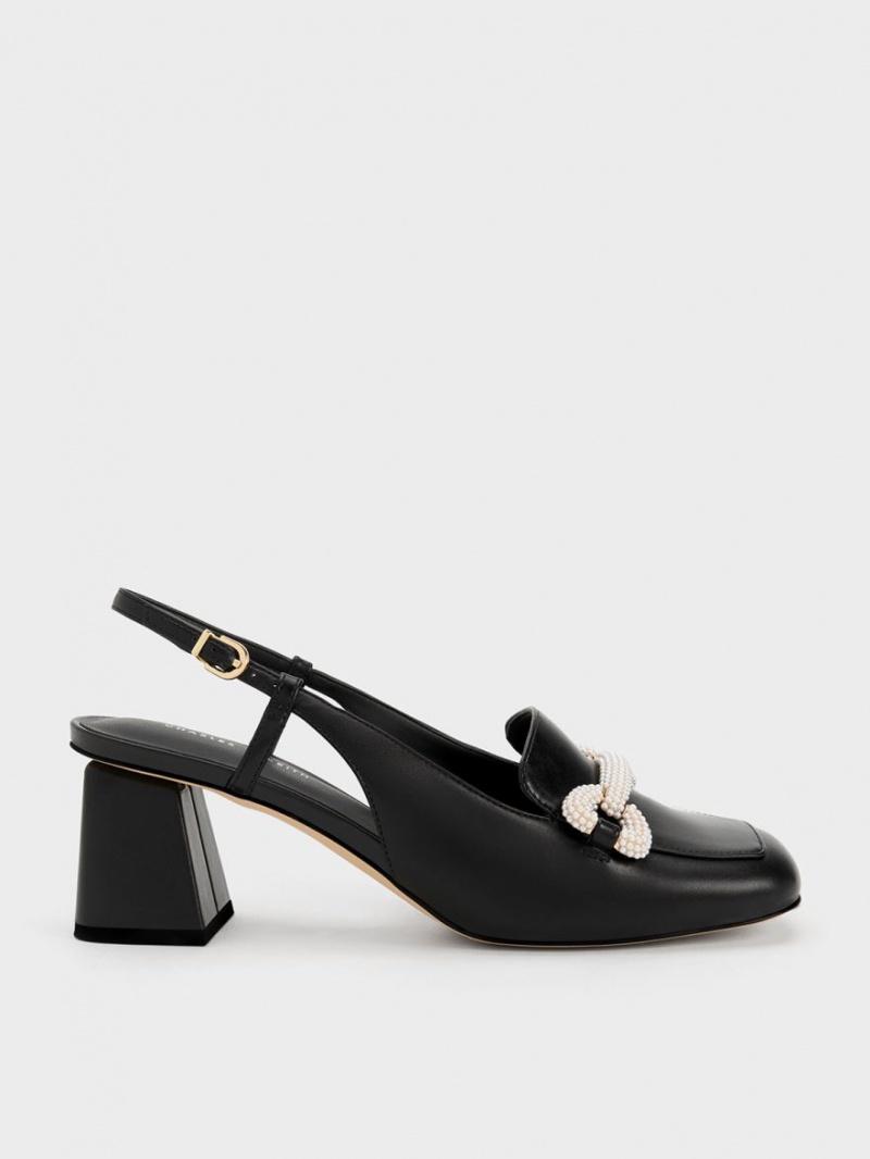 Charles & Keith Beaded Slingback Loafer Pumps Schwarz | 853VISANF