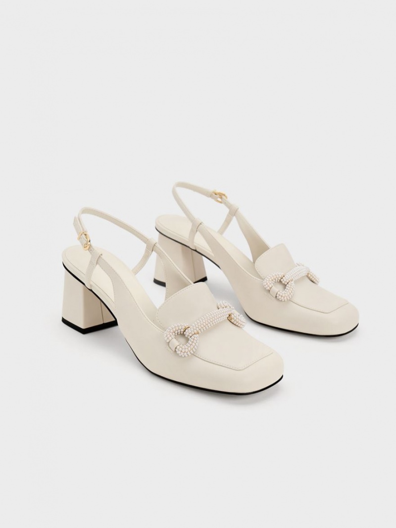 Charles & Keith Beaded Slingback Loafer Pumps Weiß | 730KGHYVS