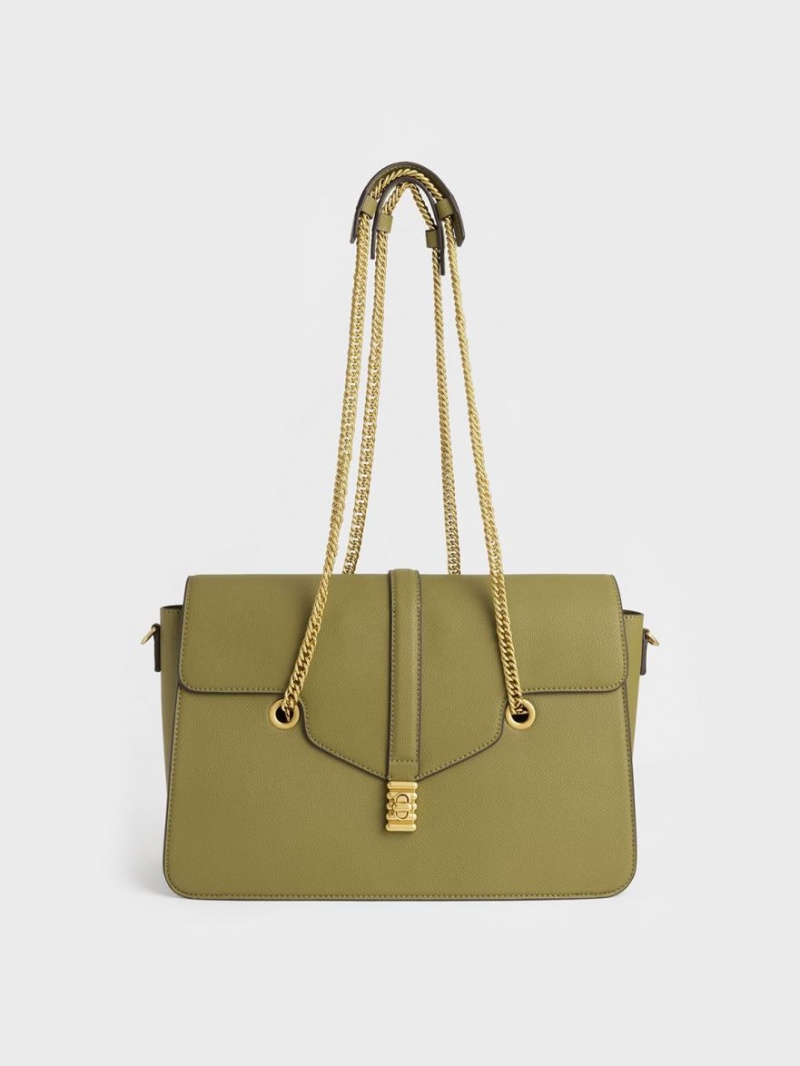 Charles & Keith Blair Double Chain Handtasche Olivgrün | 587XLKWNU