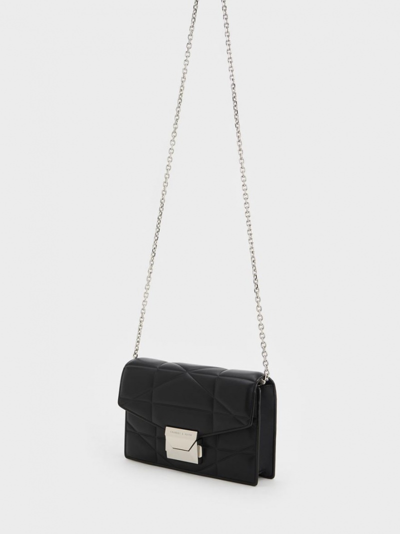 Charles & Keith Blanche Chevron Chain-Riemen Clutch Tasche Schwarz | 025UWNICZ