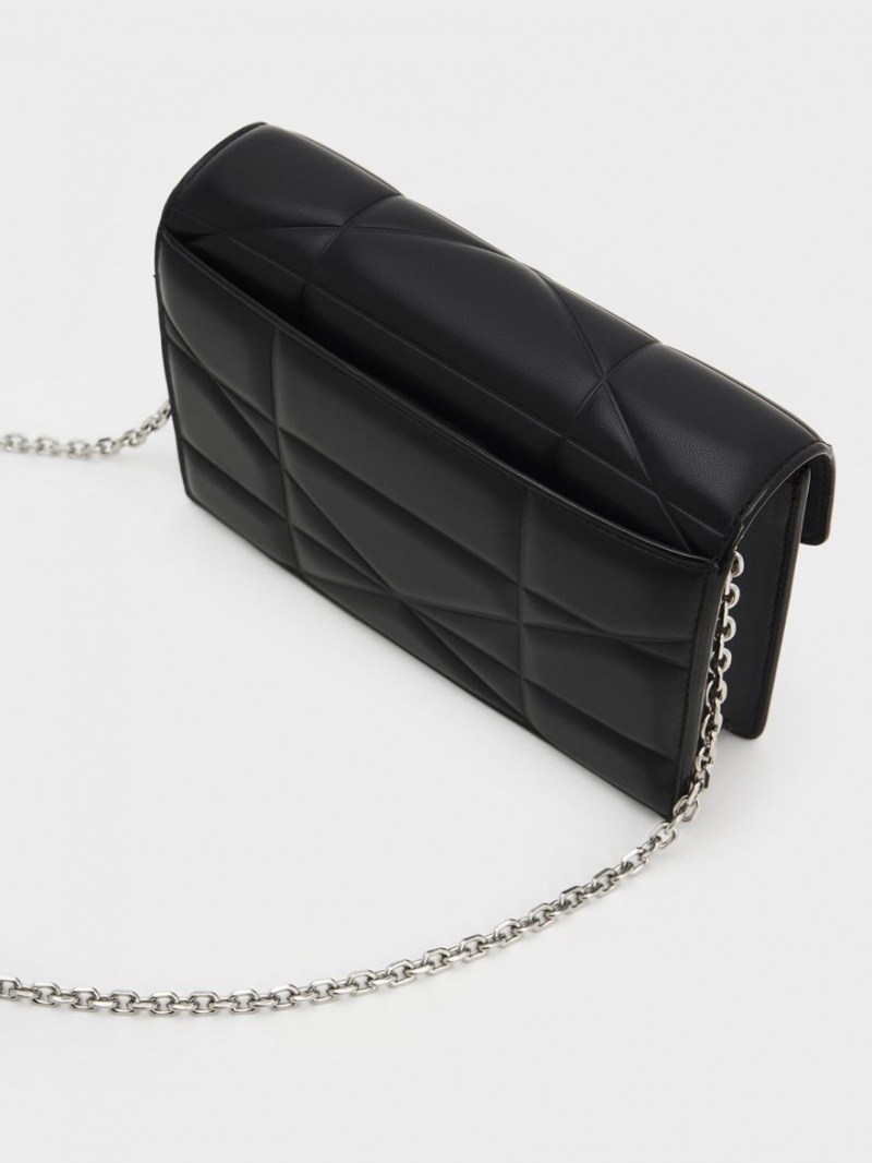 Charles & Keith Blanche Chevron Chain-Riemen Clutch Tasche Schwarz | 025UWNICZ