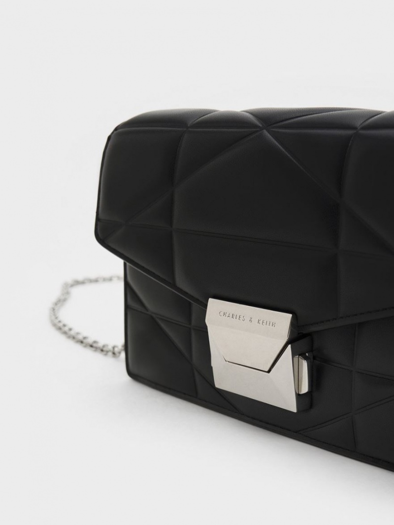 Charles & Keith Blanche Chevron Chain-Riemen Clutch Tasche Schwarz | 025UWNICZ