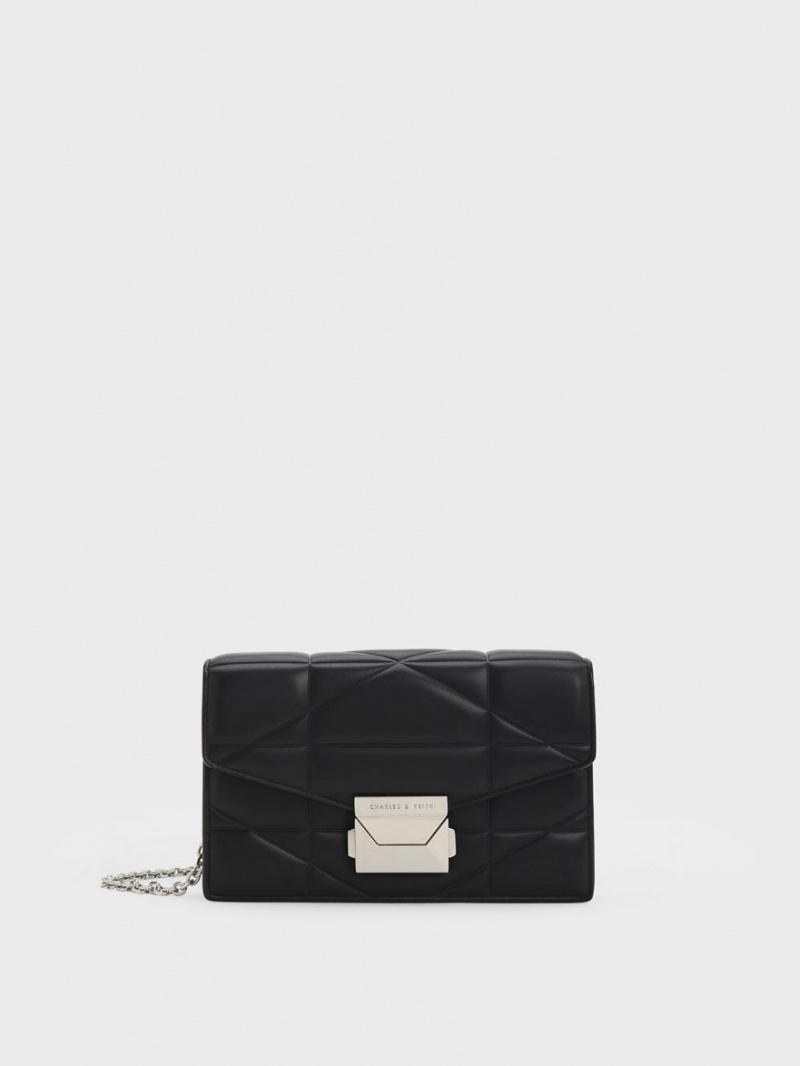 Charles & Keith Blanche Chevron Chain-Riemen Clutch Tasche Schwarz | 025UWNICZ