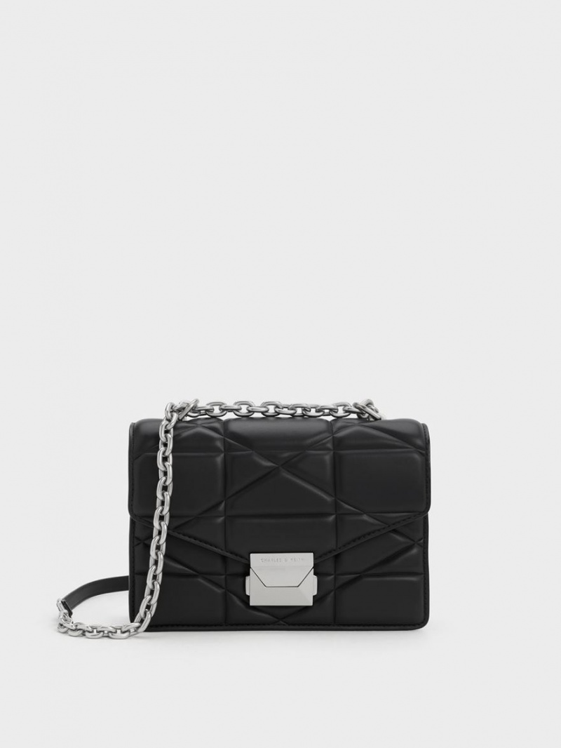 Charles & Keith Blanche Chevron Chain Handtasche Schwarz | 734SBEDHF