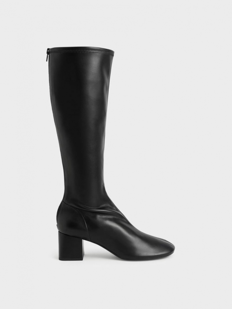 Charles & Keith Block Heel Kniehohe Stiefel Schwarz | 620FRNUAL