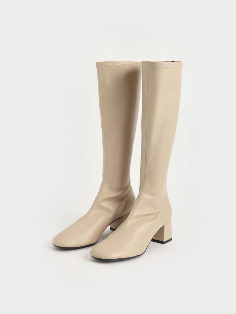 Charles & Keith Block Heel Kniehohe Stiefel Beige | 372FEWRIY